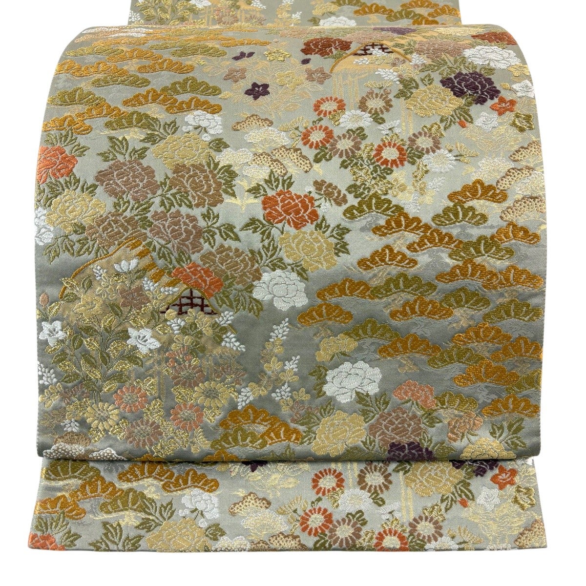 美品】 袋帯 秀品 四季草花文 唐織 箔 赤茶 六通 正絹｜中古・古着