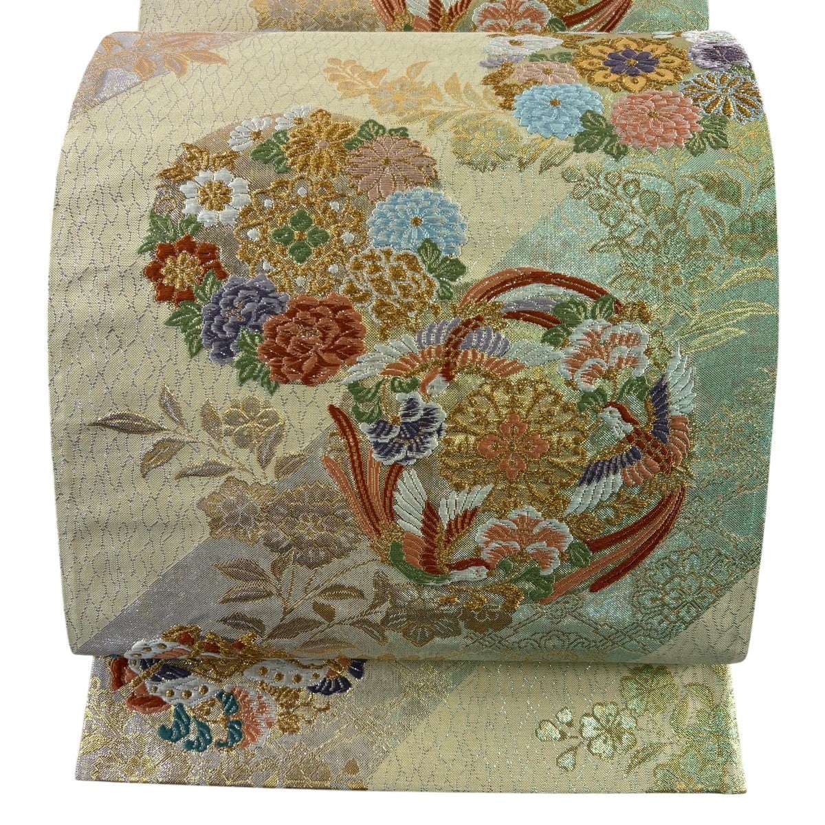 美品】 袋帯 秀品 華文 花鳥 金糸 ベージュ 六通 正絹｜中古・古着