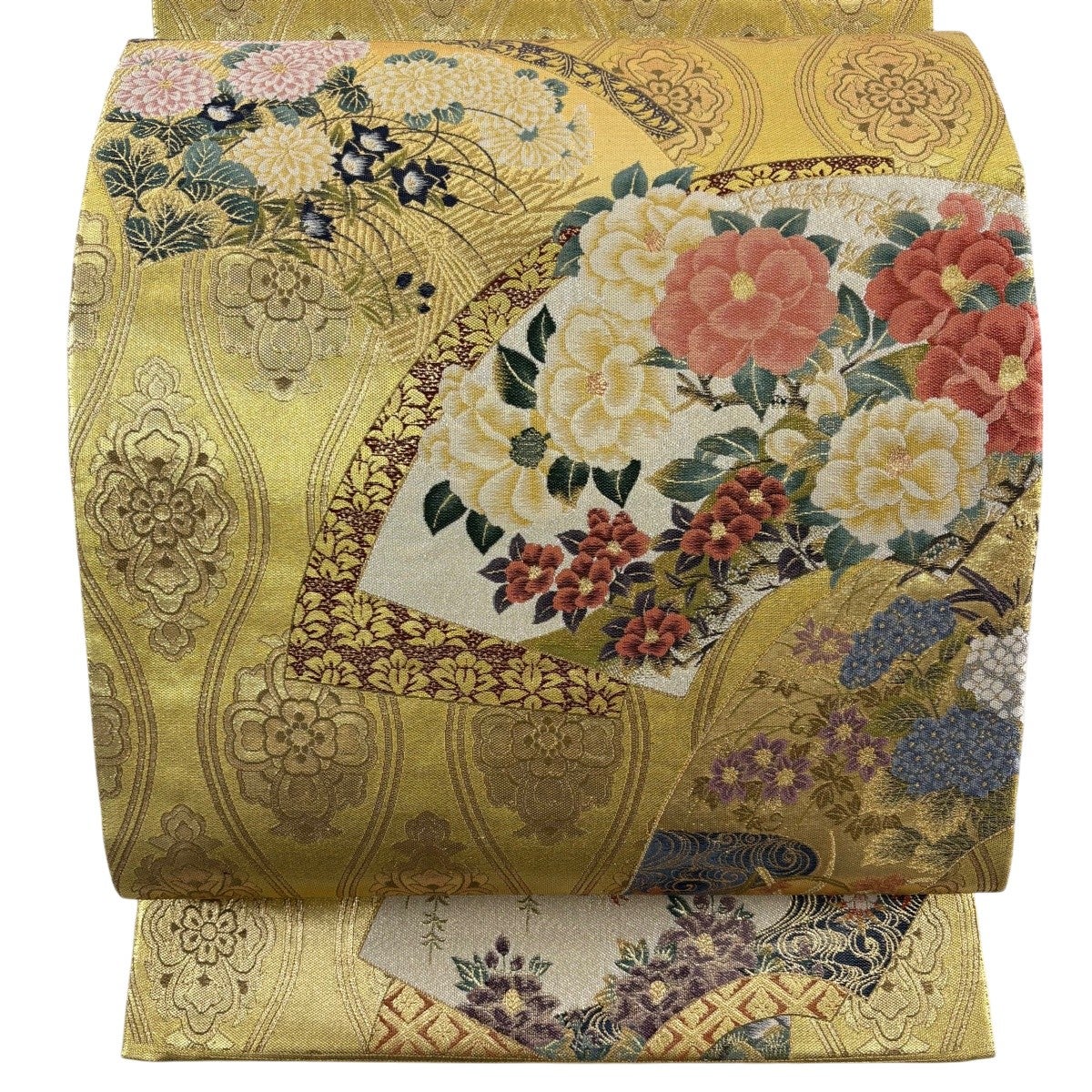 袋帯 美品 秀品 華文 花鳥 箔 金糸 茶緑色 六通 正絹 中古