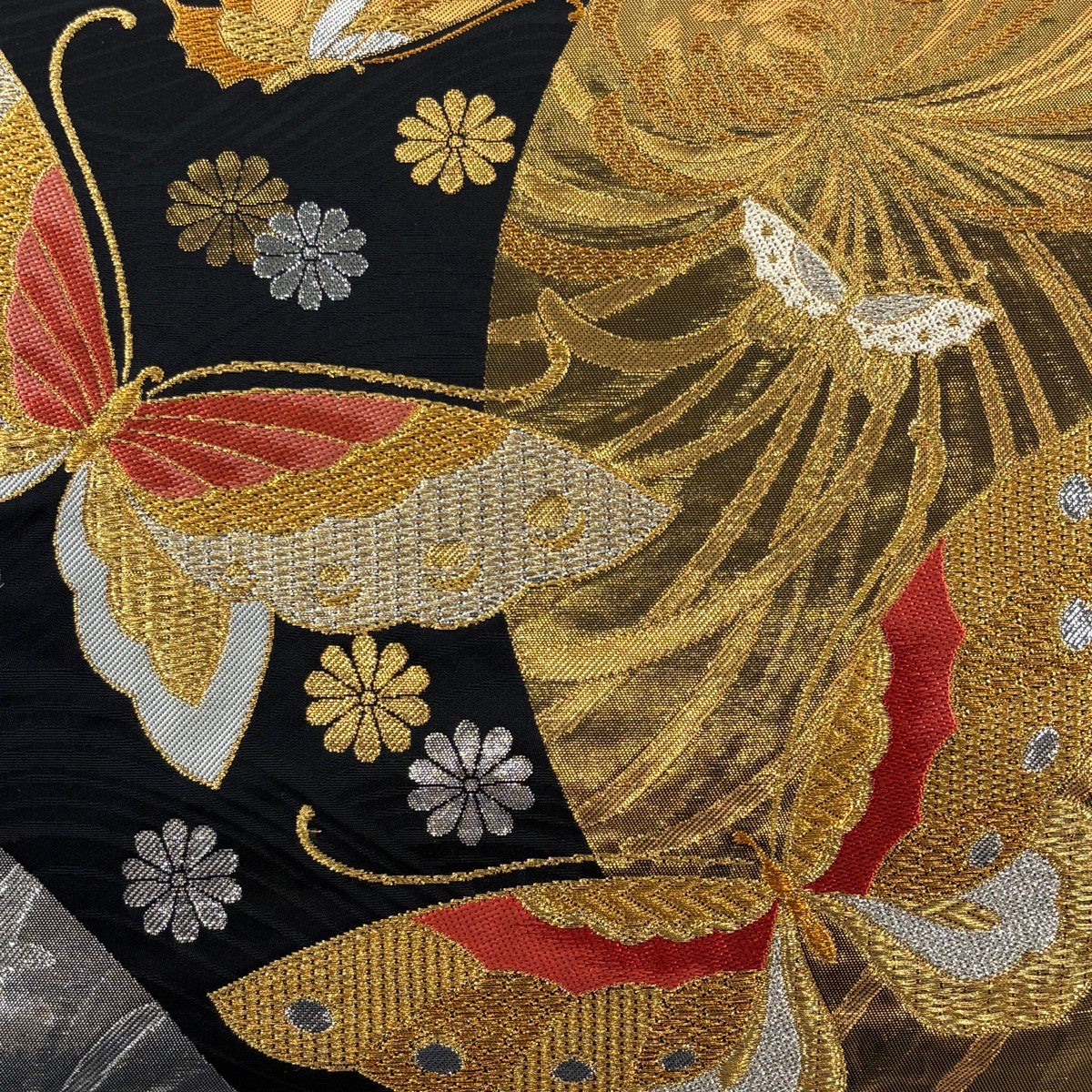 美品】 袋帯 秀品 全通 華優都里 蝶 乱菊 箔 金糸 黒 全通 正絹｜中古