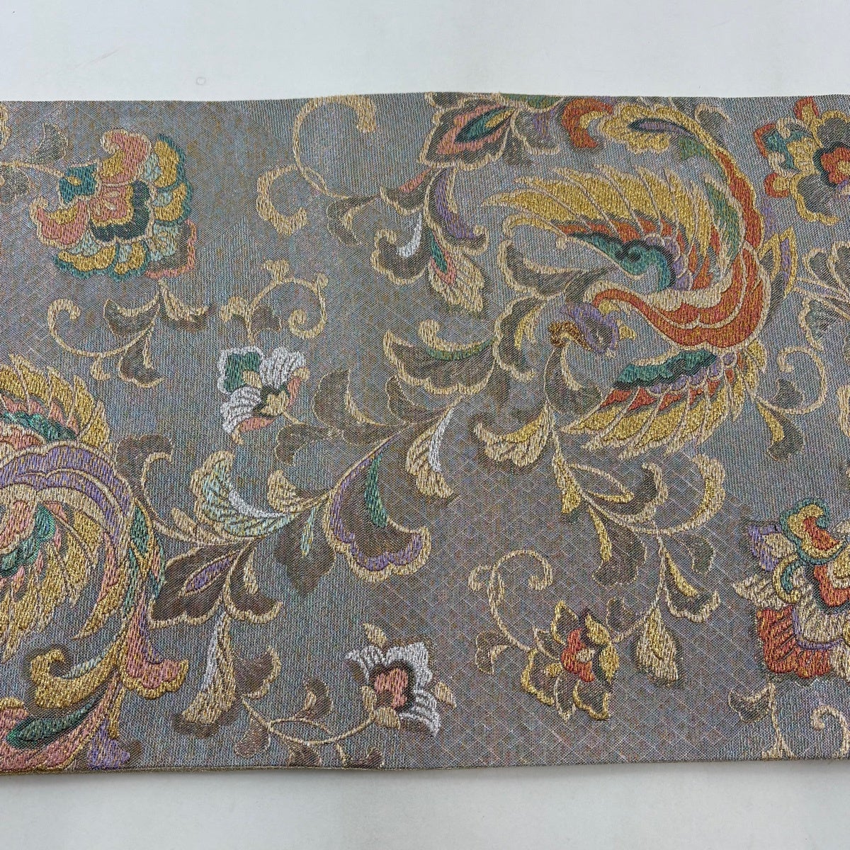 50%OFF 袋帯 秀品 鳳凰 花唐草 金糸 箔 銀色 六通 正絹 K50｜中古