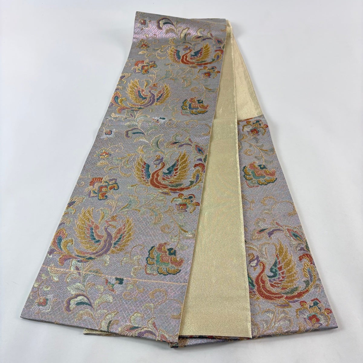 50%OFF 袋帯 秀品 鳳凰 花唐草 金糸 箔 銀色 六通 正絹 K50｜中古