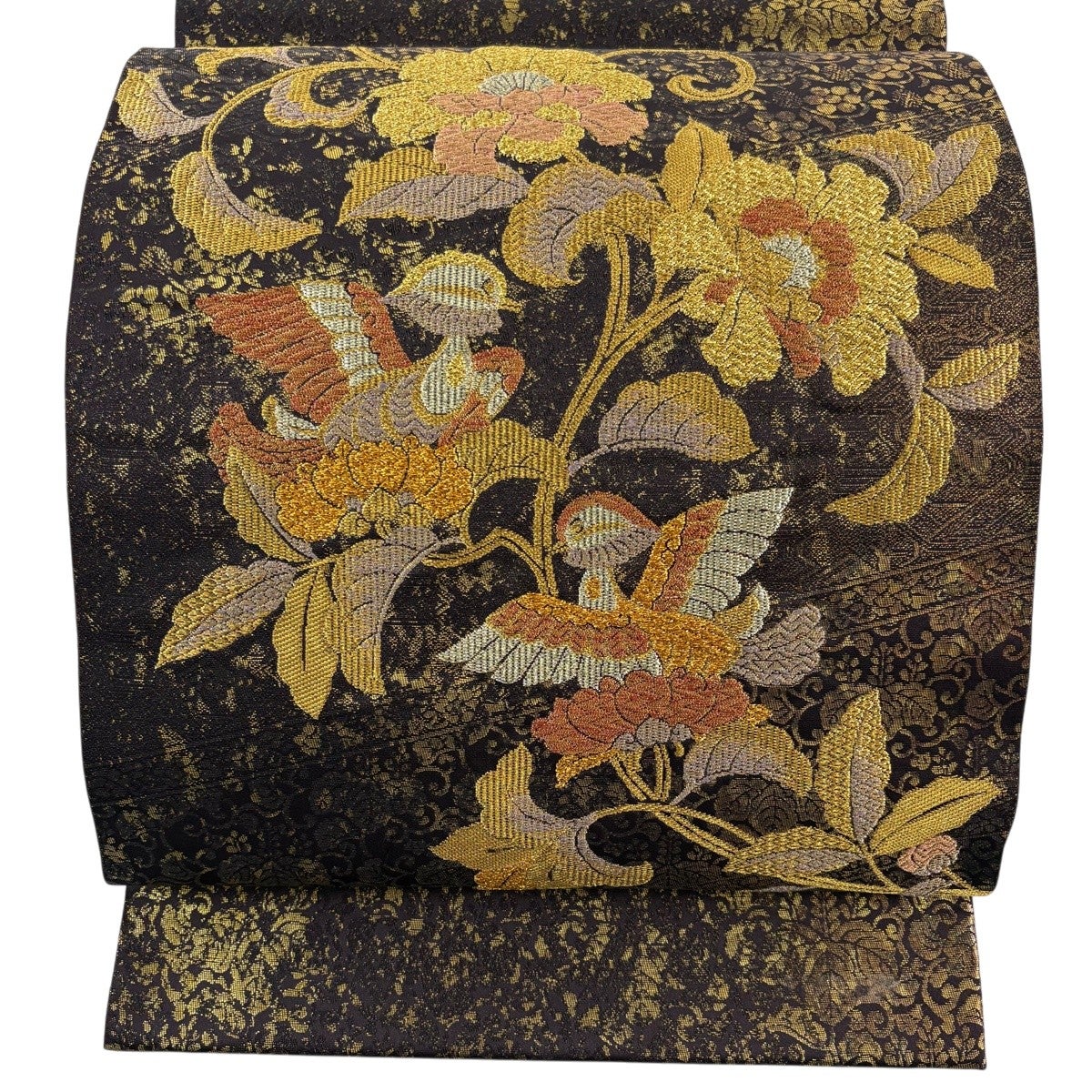 美品】 袋帯 秀品 華文 草花 箔 金彩 墨色 お太鼓柄 正絹｜中古・古着