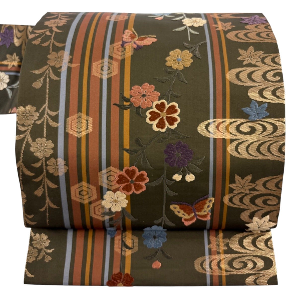 名古屋帯 秀品 桜 蝶 箔 茶緑色 正絹｜中古・古着・リサイクル着物通販
