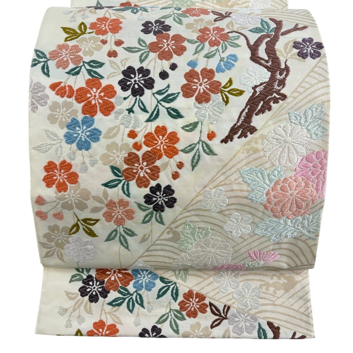 30%OFF 袋帯 秀品 桜 菊 箔 唐織 クリーム 六通 正絹 K30｜中古・古着