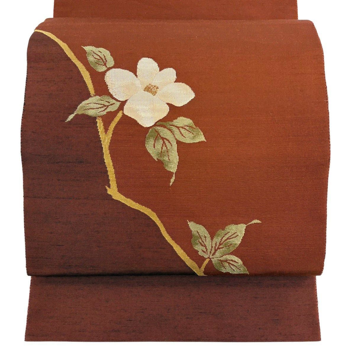美品】 名古屋帯 秀品 渡文 八寸名古屋帯 松葉仕立て 紬地 樹木 葉 赤