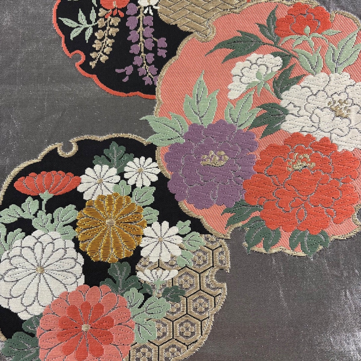 振袖用 花模様 華文 雪輪 正絹 着物 袋帯 A816-19 【中古】 振袖用 花模様 華文 雪輪 正絹 着物 袋帯 A816-19 【中古】の通販 by