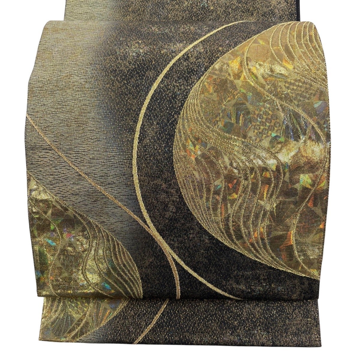 袋帯 美品 名品 水辺の風景 樹木 ラメ箔 箔 黒 お太鼓柄 正絹 【中古】 30%OFF 【美品】 袋帯 名品 ふくろう 若松 箔 金糸 茶緑色 お太鼓柄