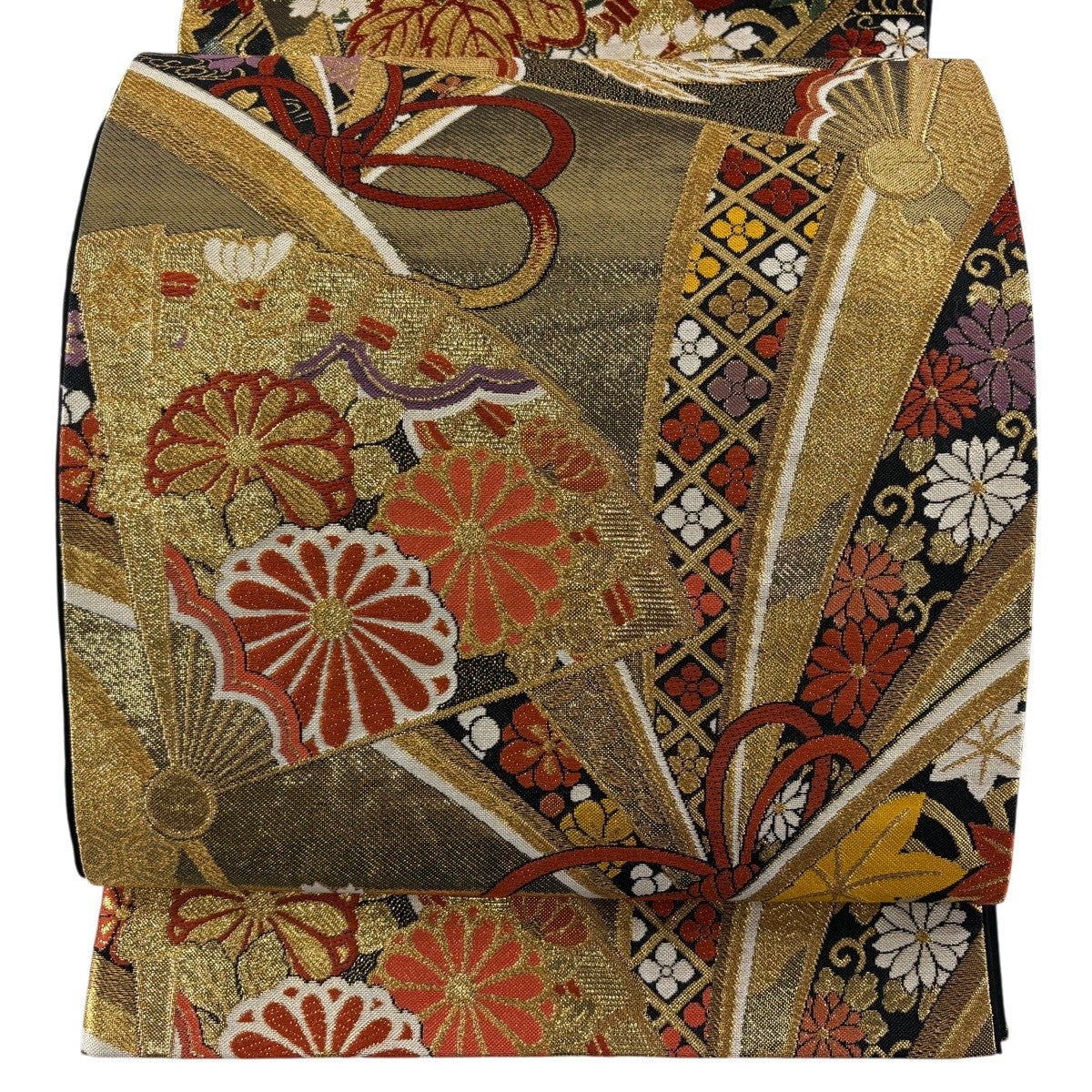 名古屋帯 優品 扇面 花鳥 金糸 箔 金色 正絹｜中古・古着・リサイクル
