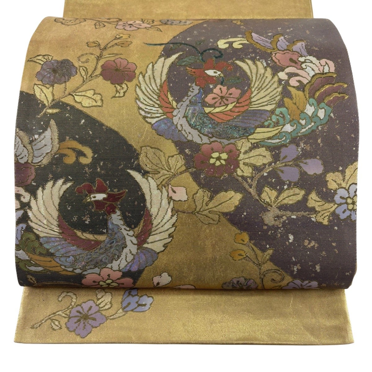 美品】 袋帯 名品 鳳凰 華文 蘇州刺繍 箔 金色 お太鼓柄 正絹｜中古