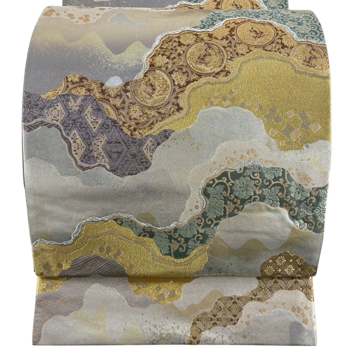 美品】 袋帯 秀品 花唐草 七宝花菱 拍 金銀糸 銀色 六通 正絹｜中古