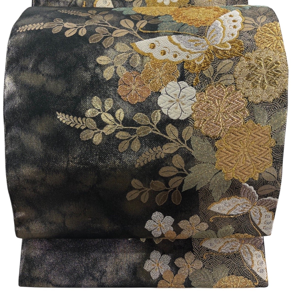 袋帯 秀品 本佐賀錦 能美唐織 草花 波 金糸 箔 墨色 六通 正絹｜中古