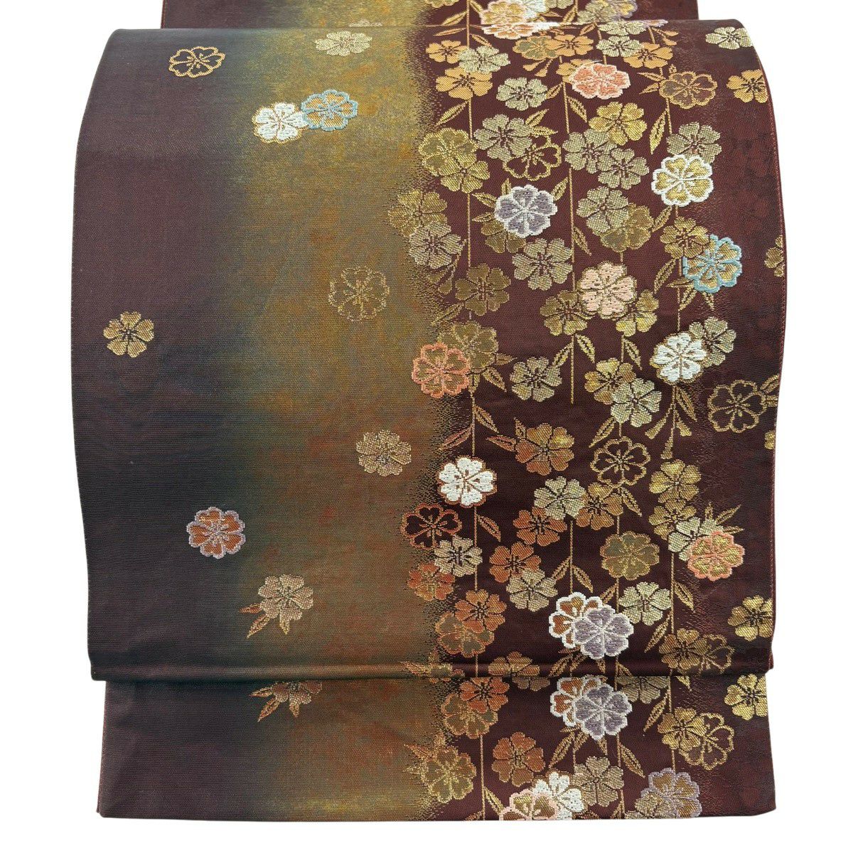 枝垂れ桜 袋帯 美品】 袋帯 秀品 枝垂れ桜 波 金銀糸 箔 赤 六通 正絹｜中古・古着