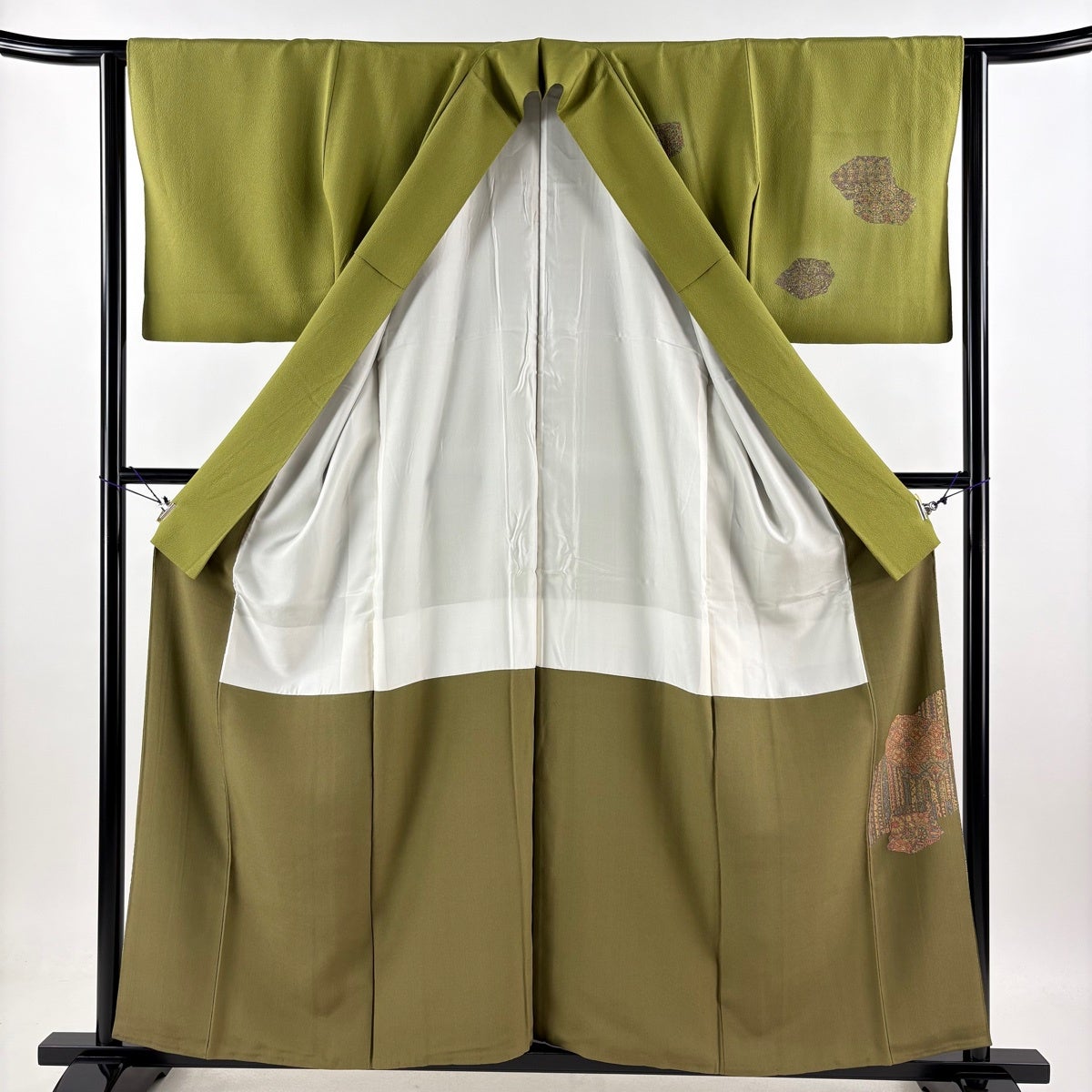 付下げ 秀品 身丈158cm 裄丈67cm 正絹 【中古】 付下げ 身丈158cm 裄丈62cm S 袷 更紗 道長取り ぼかし 金彩 鶯色 正絹