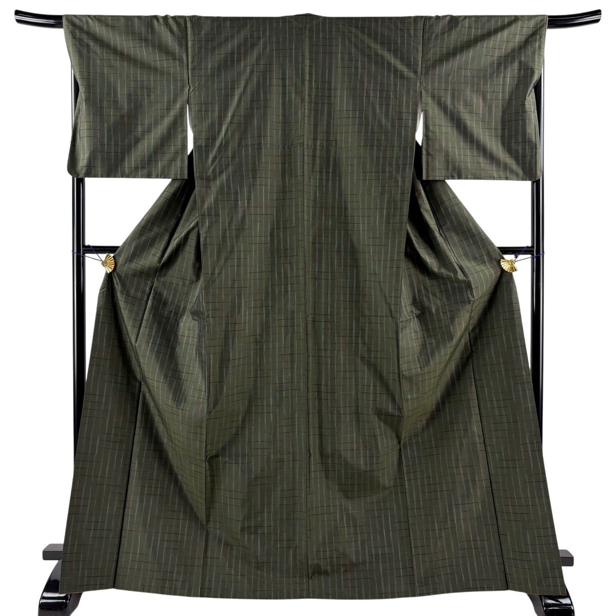 紬/美品/格子/適応身長152～160㎝/ 7832 紬 身丈169.5cm 裄丈67cm M 袷 格子 深緑 正絹 秀品｜中古・古着