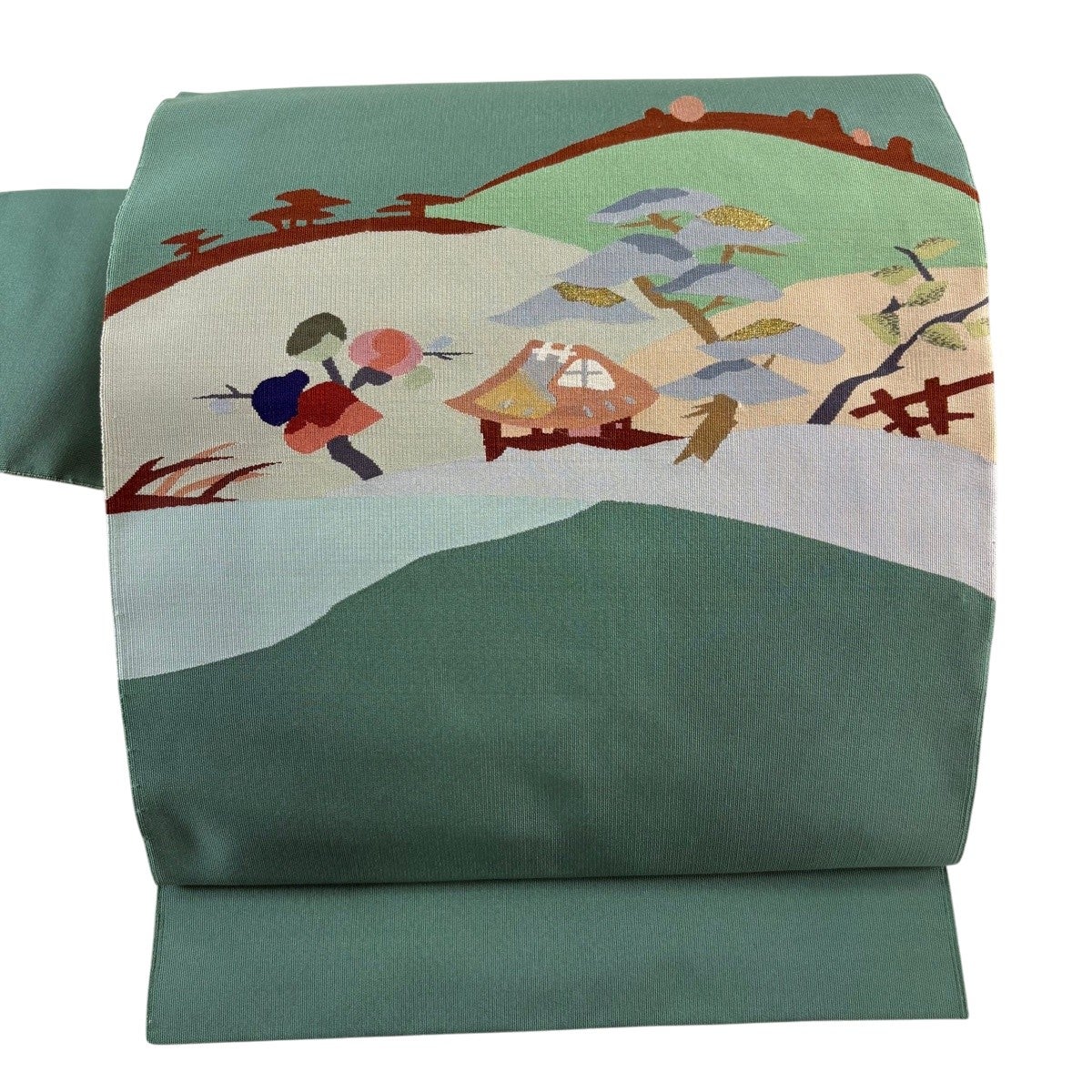 名古屋帯 秀品 八寸名古屋帯 家屋 松 金糸 薄緑 正絹｜中古・古着