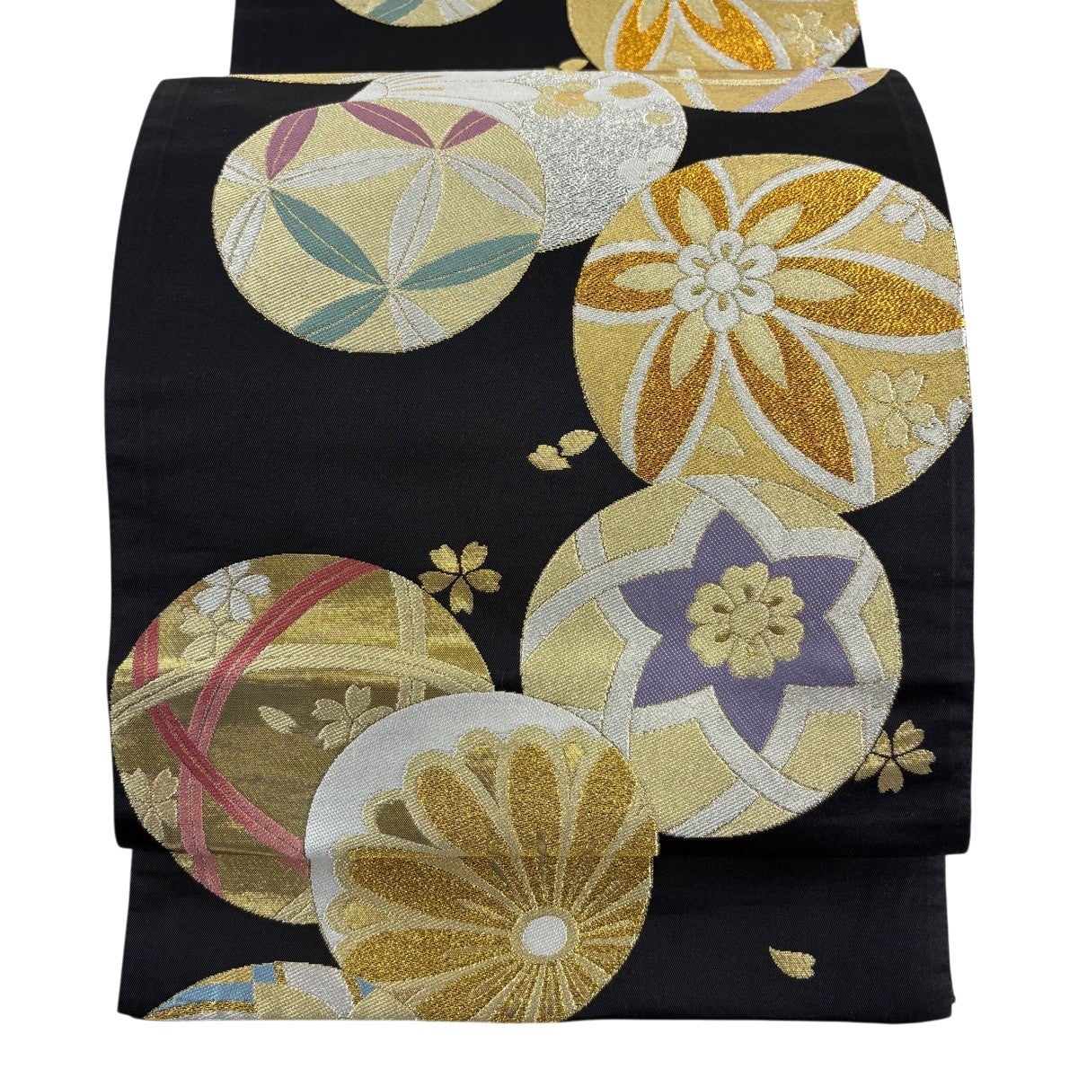 美品】 袋帯 秀品 粋浪漫 手鞠 桜 金銀糸 箔 黒 六通 正絹｜中古・古着