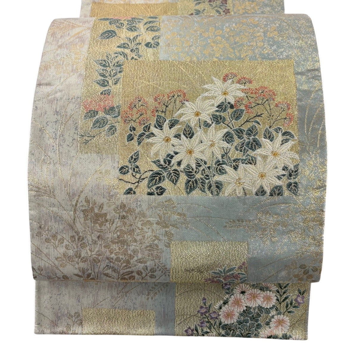 美品】 袋帯 秀品 草花 色紙 箔 金糸 青灰色 六通 正絹｜中古・古着