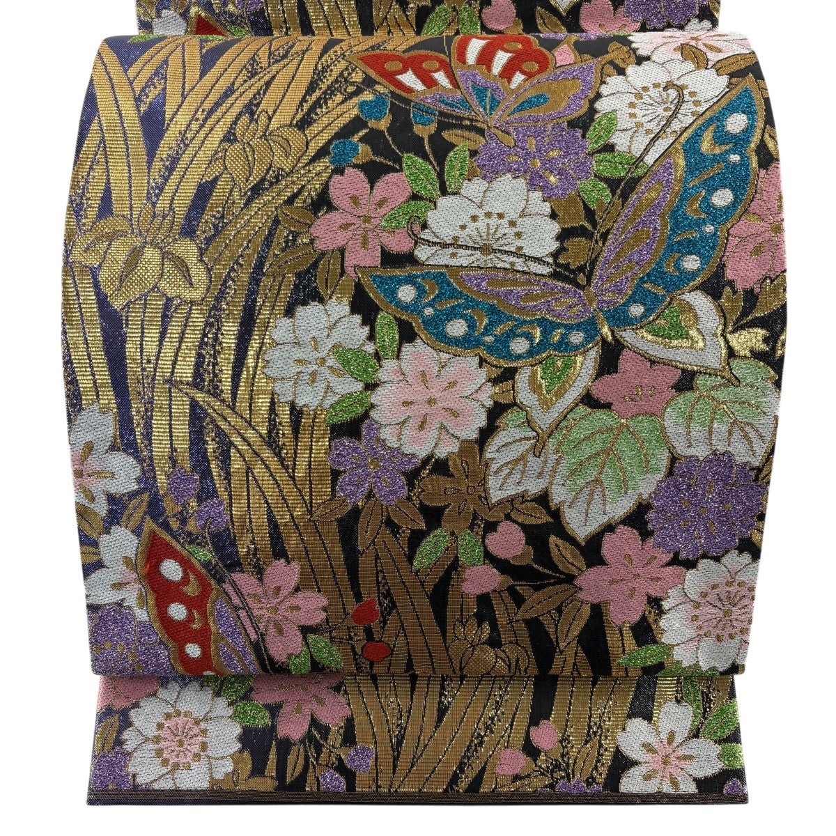 袋帯 秀品 本佐賀錦 能美唐織 草花 波 金糸 箔 墨色 六通 正絹｜中古