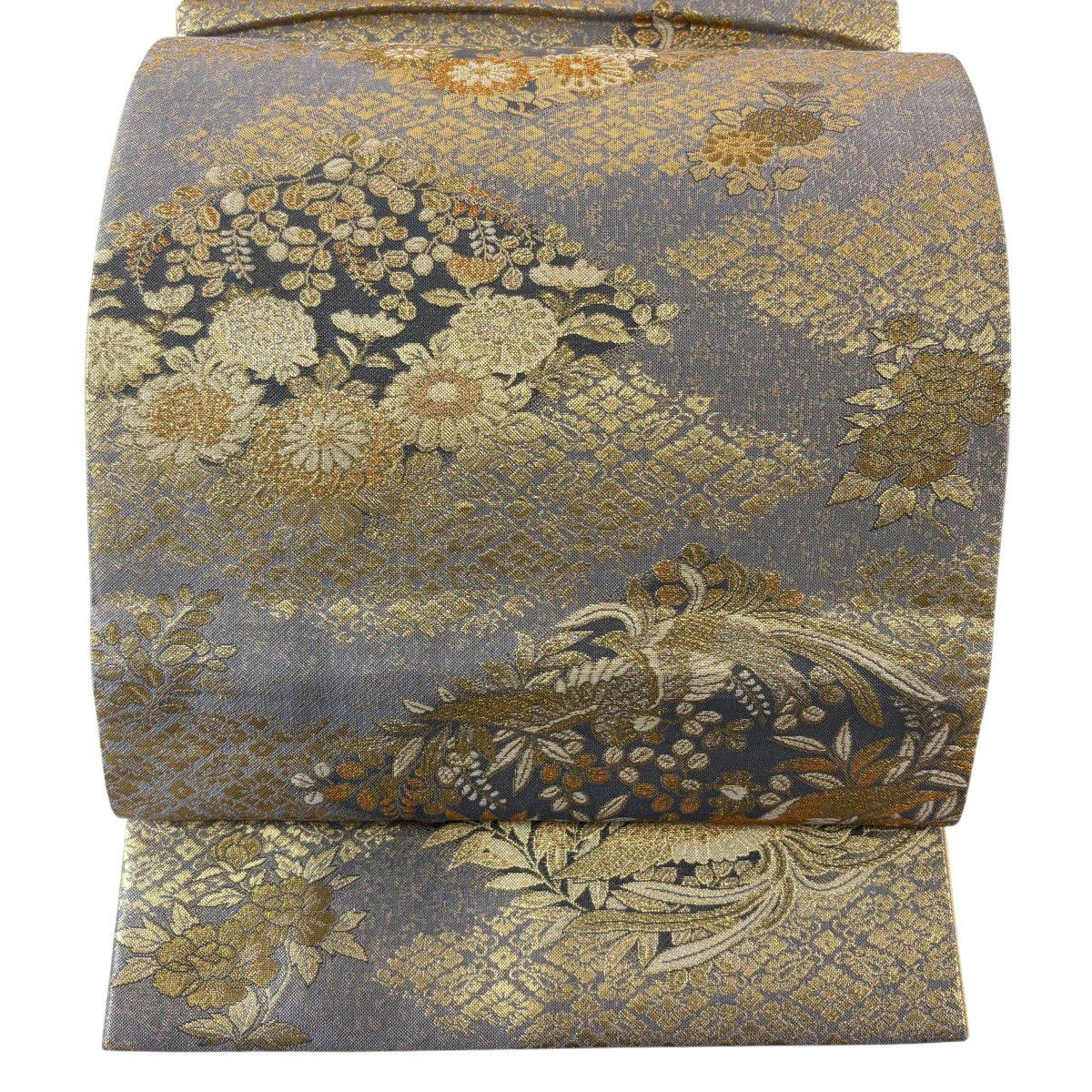 袋帯 秀品 菱 花菱 金糸 刺繍 ベージュ 六通 正絹｜中古・古着