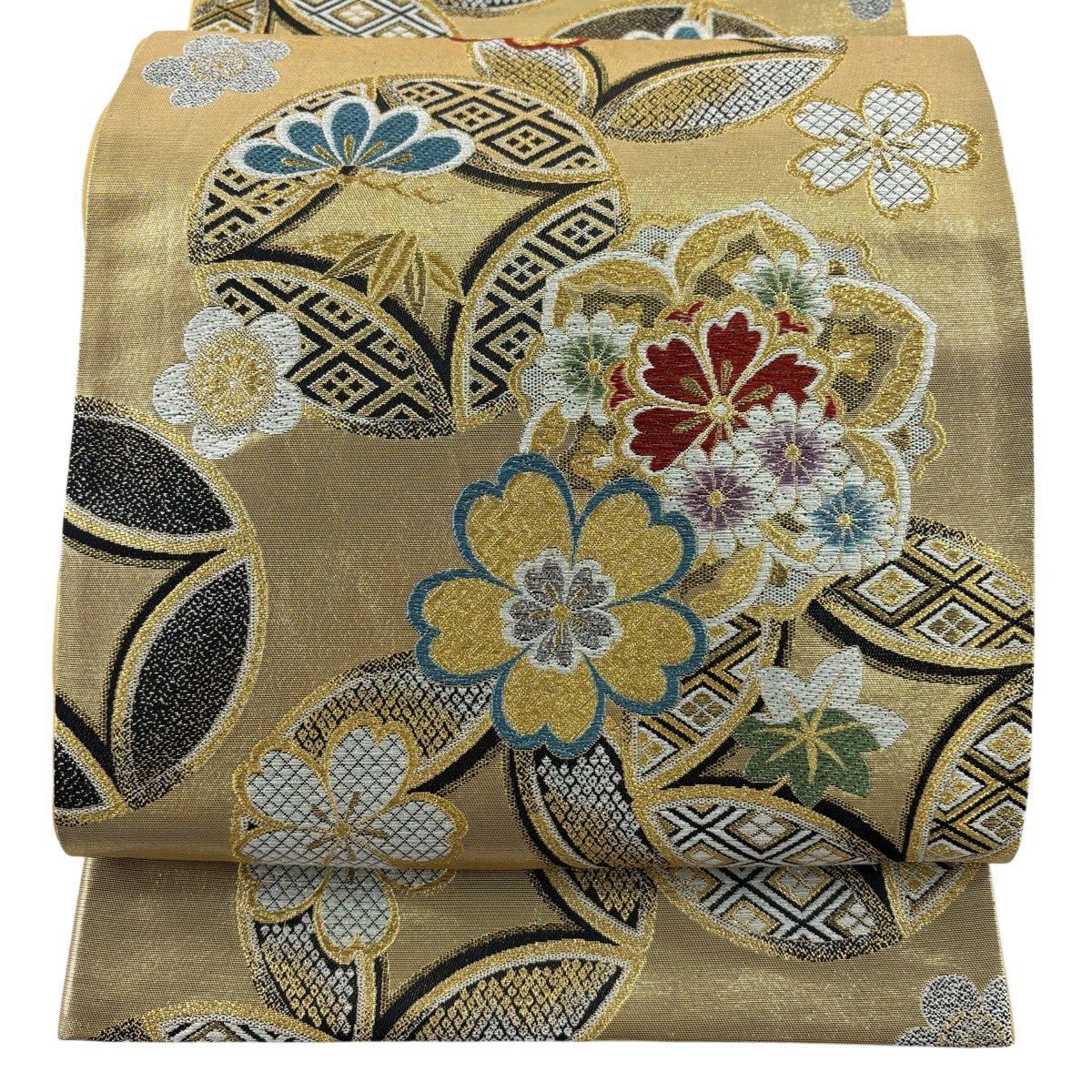 袋帯 秀品 鈴乃屋 草花 雪芝 唐織 箔 金色 六通 正絹｜中古・古着