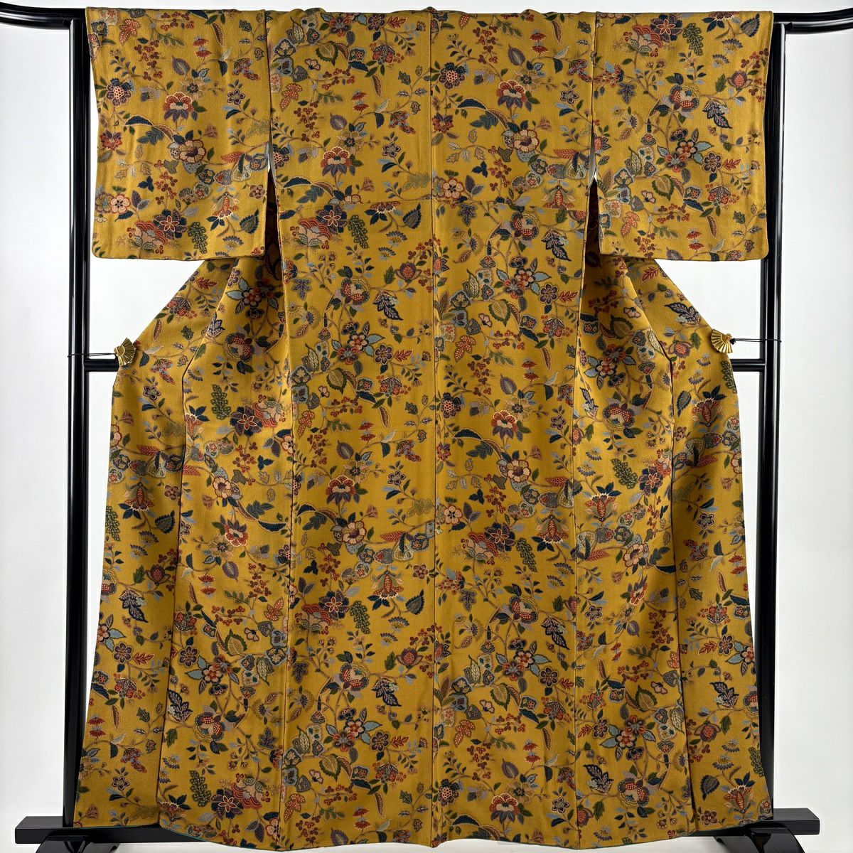 美品】 小紋 身丈153.5cm 裄丈66.5cm M 袷 草花 金彩 絞り 青緑 美品】 小紋 身丈153.5cm 裄丈66.5cm M 袷 草花 金彩 絞り 青緑