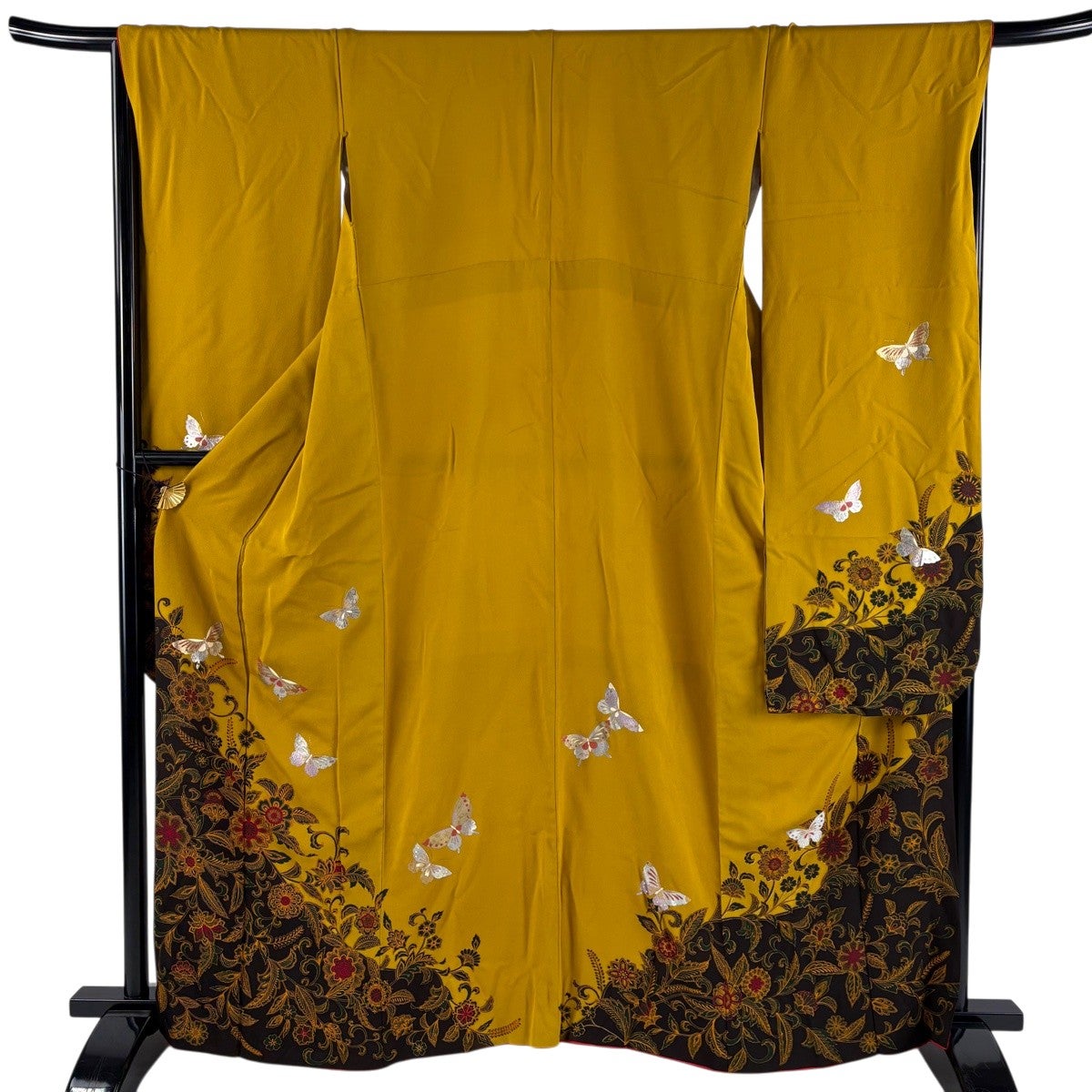 振袖 名品 身丈164cm 裄丈66cm 正絹 【中古】 振袖 身丈164cm 裄丈66.5cm M 袷 蝶 更紗 金銀彩 山吹色 正絹 秀品