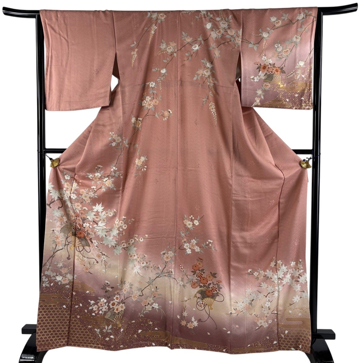 訪問着 身丈163.5cm 裄丈66cm M 袷 草花 松 金彩 ぼかし ピンク 正絹