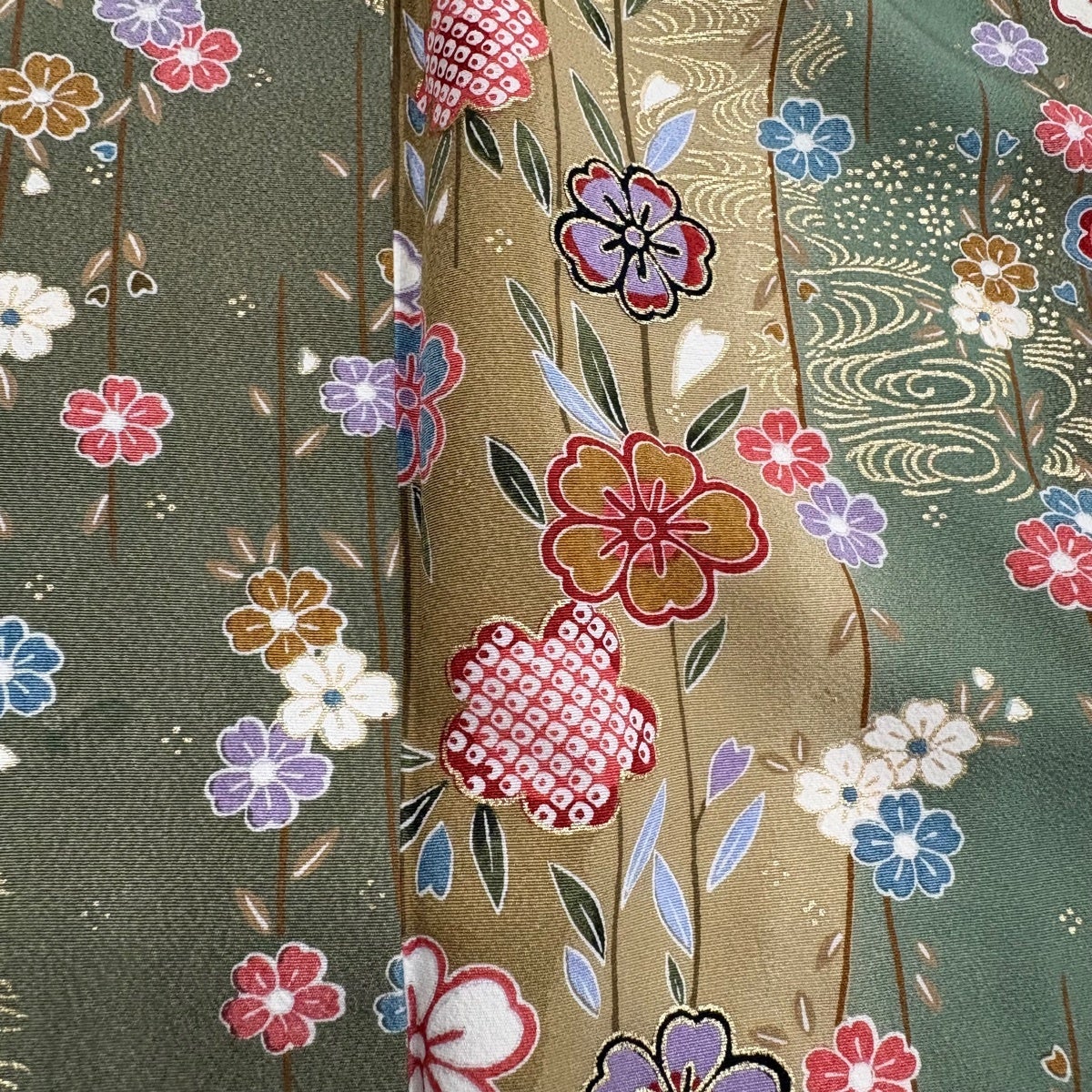 小紋 身丈164cm 裄丈65.5cm M 袷 枝垂れ桜 流水 金彩 染め分け 灰緑