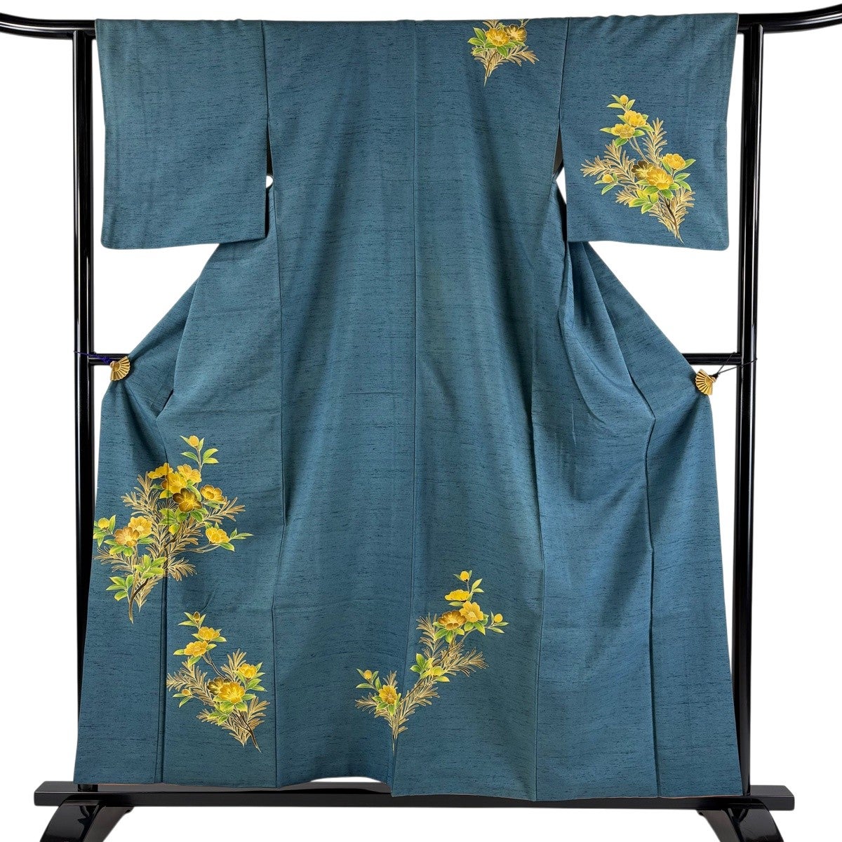 付下げ 身丈157cm 裄丈62.5cm S 袷 紬地 草花 青緑 正絹 秀品｜中古