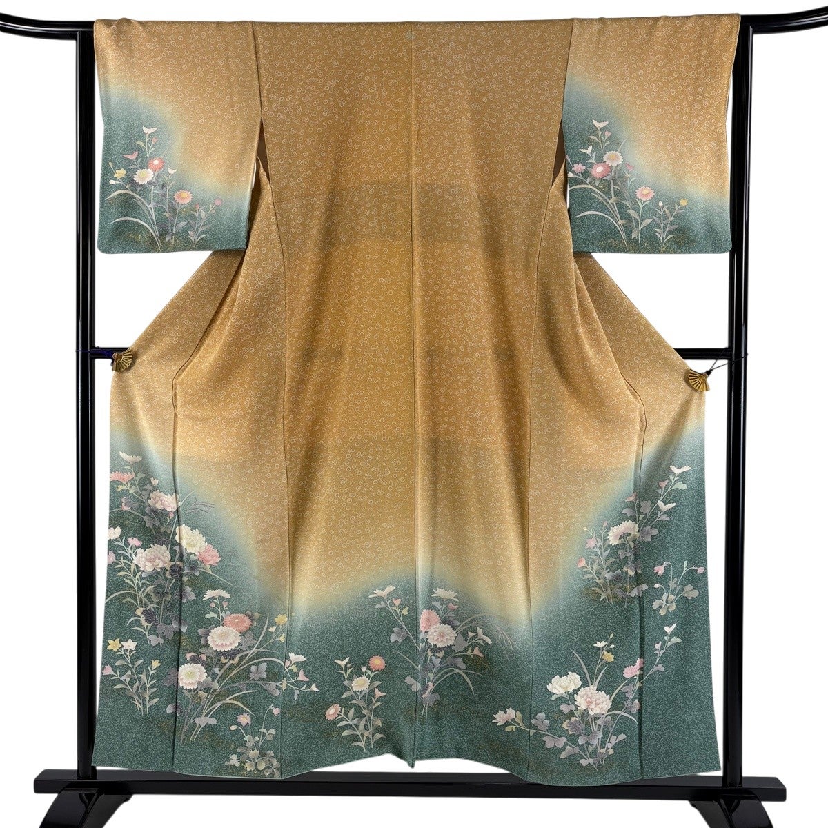 【染め分け】正絹　訪問着　扇に花橘　金箔　袷 訪問着 身丈154cm 裄丈63.5cm S 袷 草花 染め分け 金彩 山吹色 正絹 秀