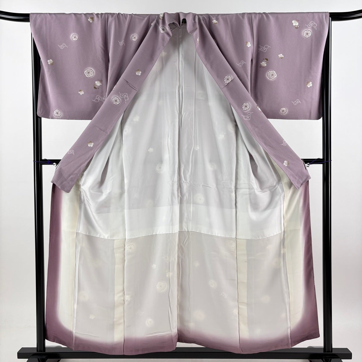 美品】 小紋 身丈155cm 裄丈66cm M 袷 桜 七宝 ぼかし 薄紫 正絹 秀品