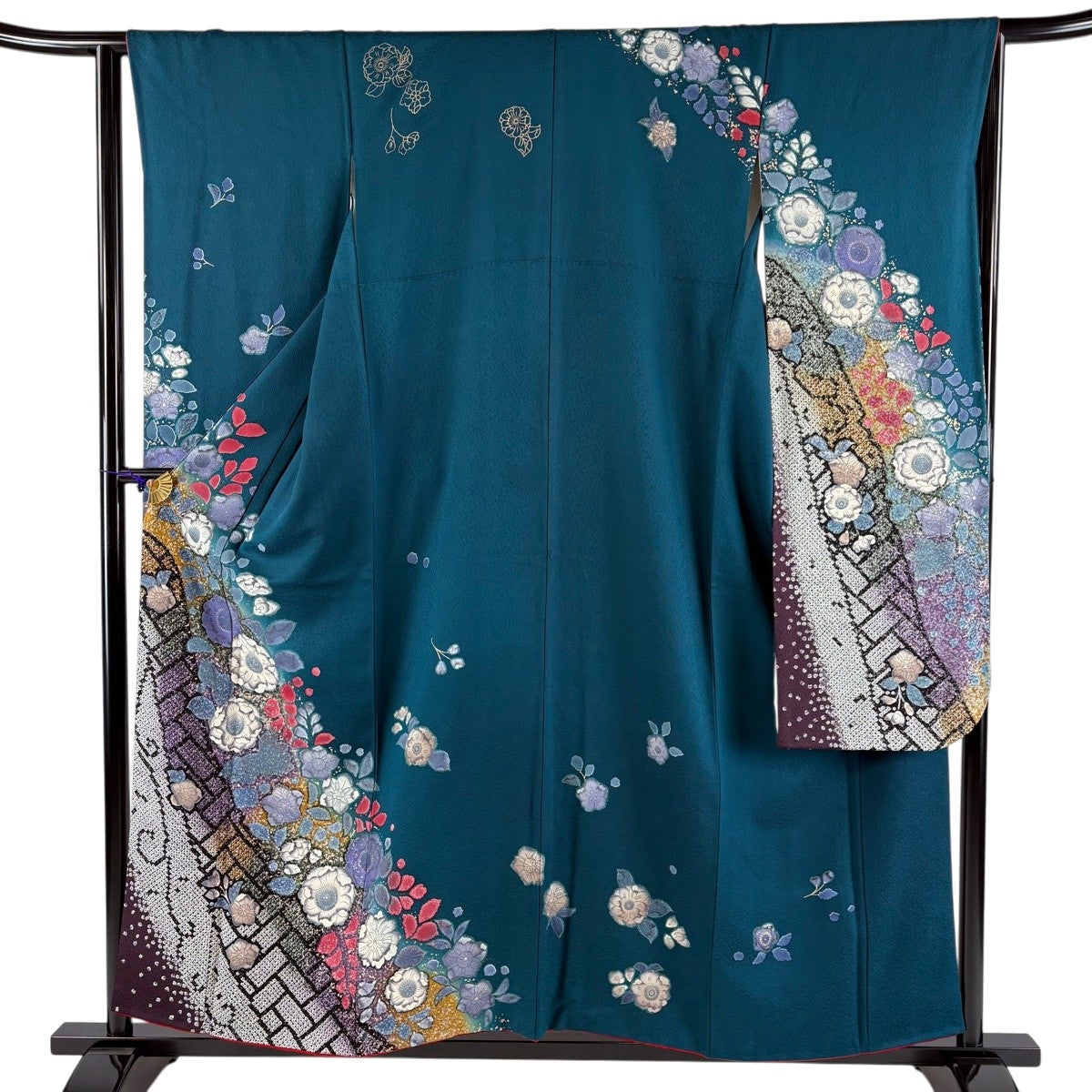 振袖 身丈157cm 裄丈64cm M 袷 草花 唐草 金彩 ぼかし 青緑 正絹 秀品