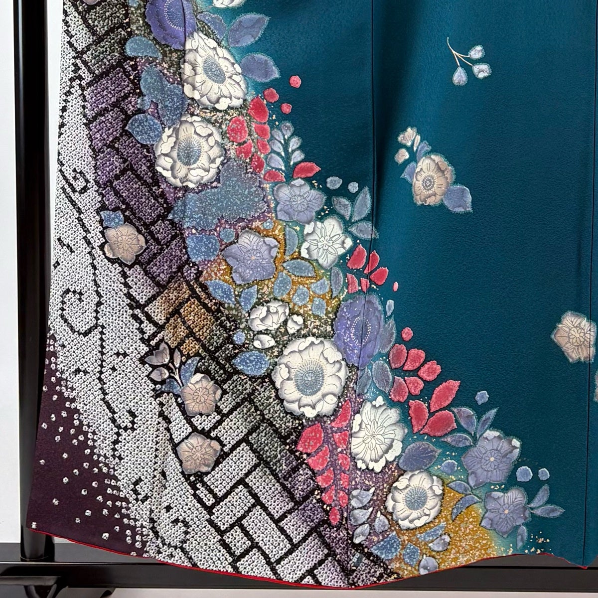 振袖 身丈157cm 裄丈64cm M 袷 草花 唐草 金彩 ぼかし 青緑 正絹 秀品