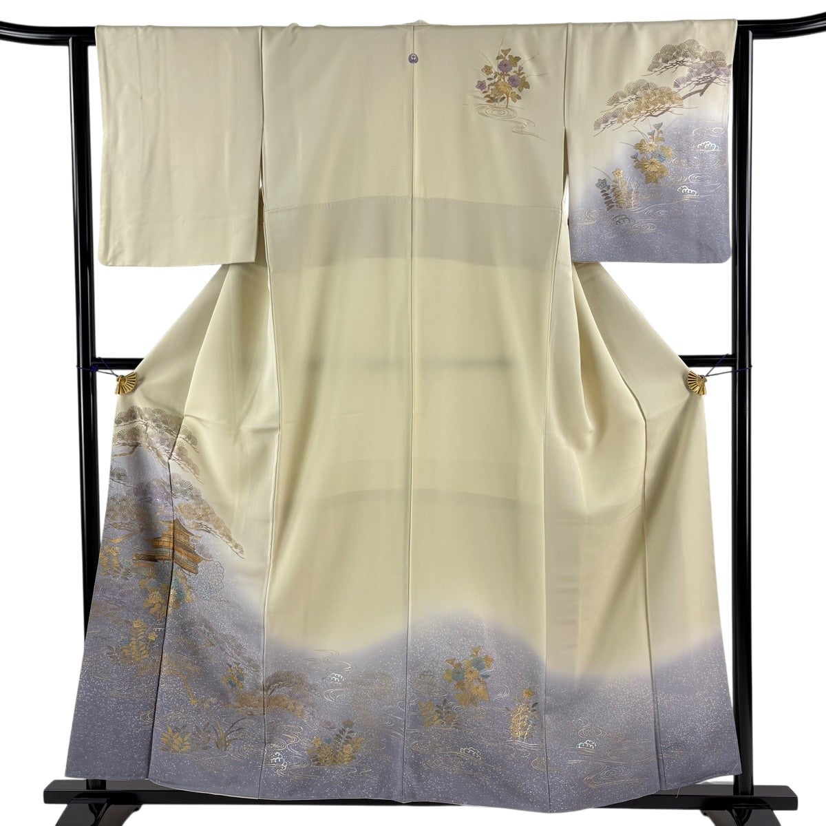 付下げ 身丈157cm 裄丈66.5cm M 袷 破れ色紙 草花 金銀彩 染め分け 青