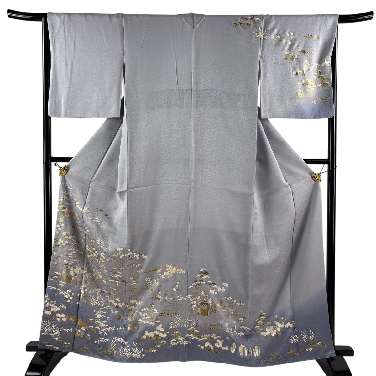 美品】 訪問着 身丈161cm 裄丈66.5cm M 袷 草花 色紙 金糸 金銀彩 青