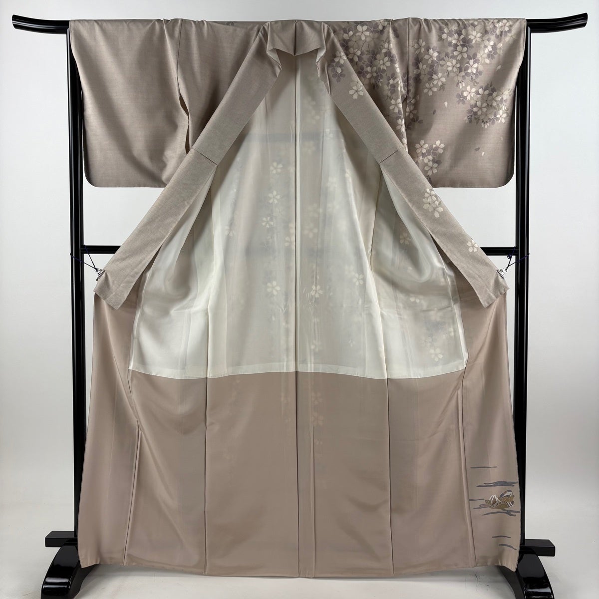 美品】 訪問着 身丈168.5cm 裄丈65.5cm M 袷 紬地 枝垂れ桜 鴛鴦 灰紫