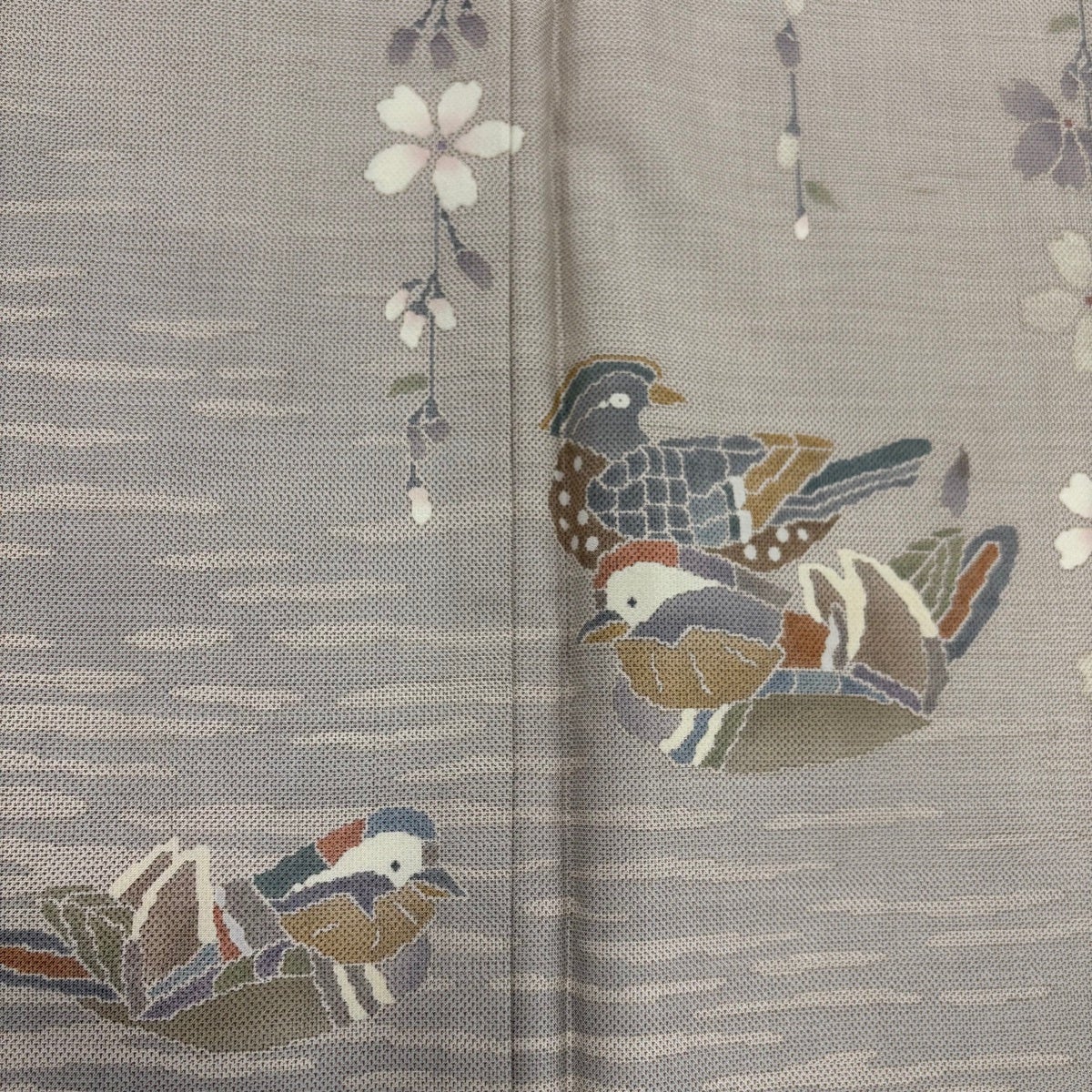 美品】 訪問着 身丈168.5cm 裄丈65.5cm M 袷 紬地 枝垂れ桜 鴛鴦 灰紫