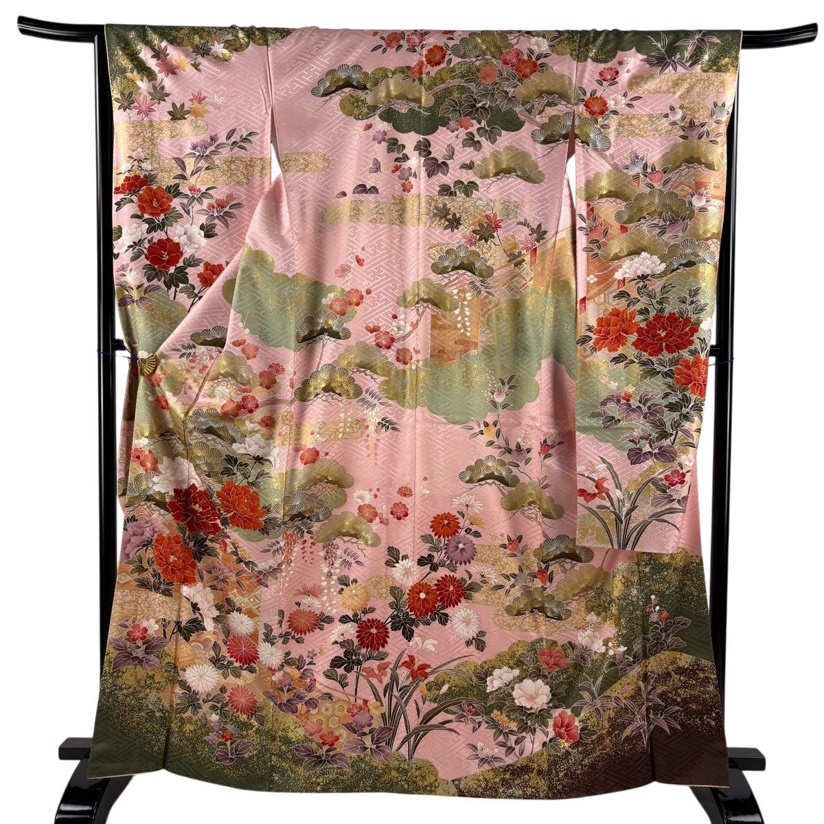 美品】 振袖 身丈168cm 裄丈68.5cm L 袷 花車 鶴 金糸 金彩 ピンク