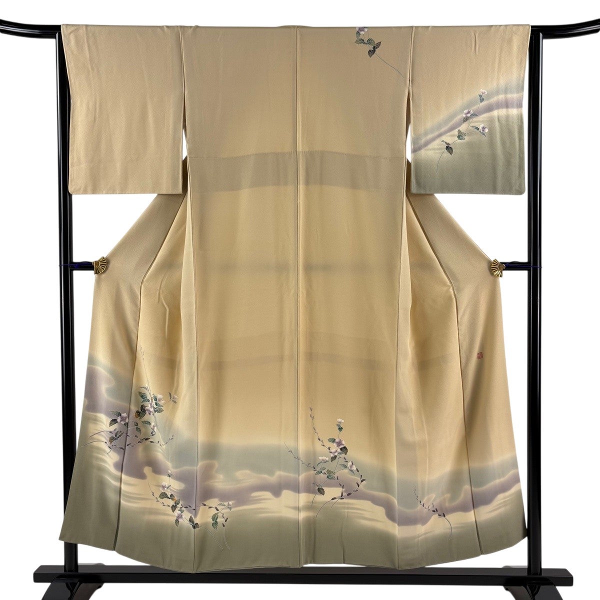 訪問着 身丈153.5cm 裄丈64cm M 袷 落款あり 草花 霞 ベージュ 正絹 秀