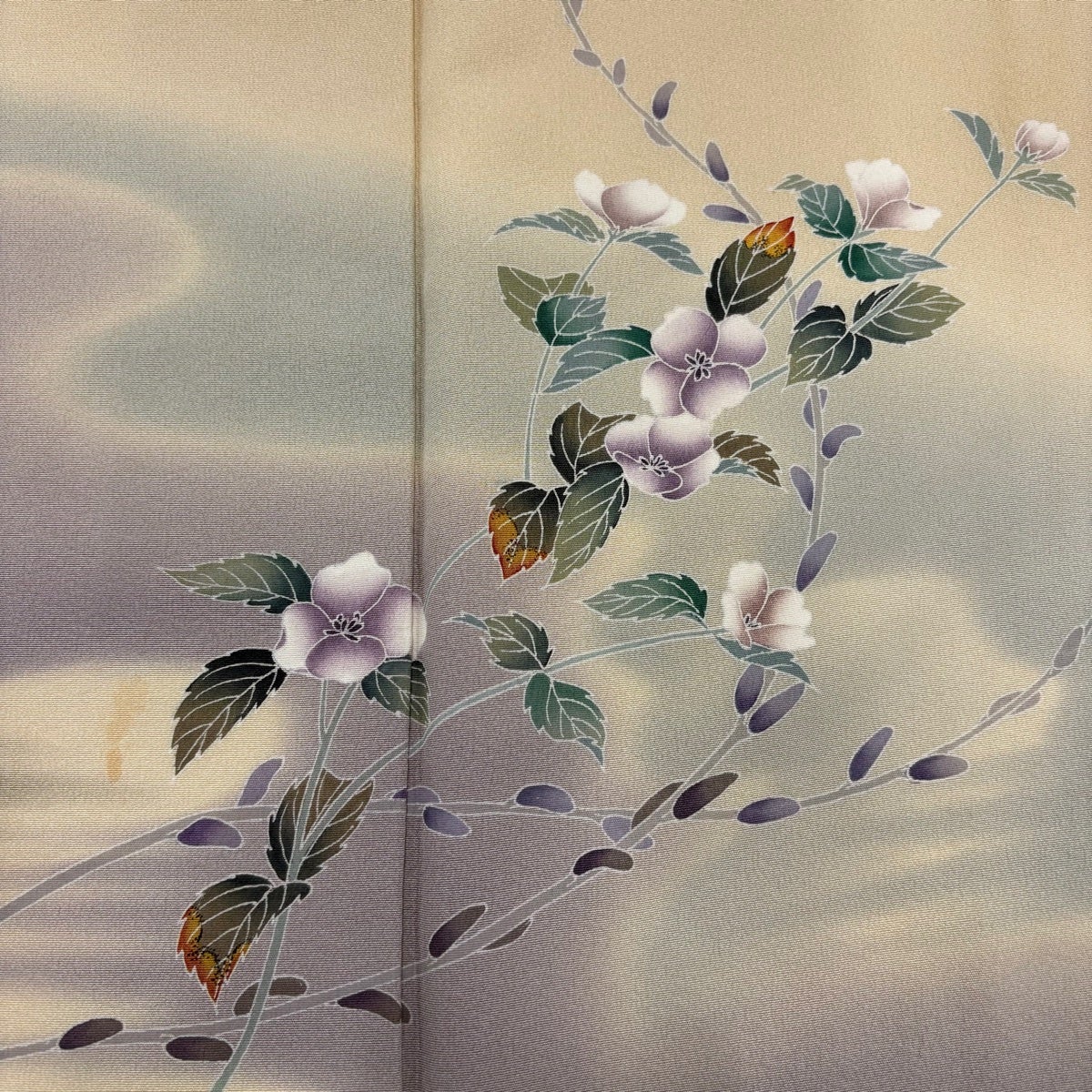 訪問着 身丈153.5cm 裄丈64cm M 袷 落款あり 草花 霞 ベージュ 正絹 秀