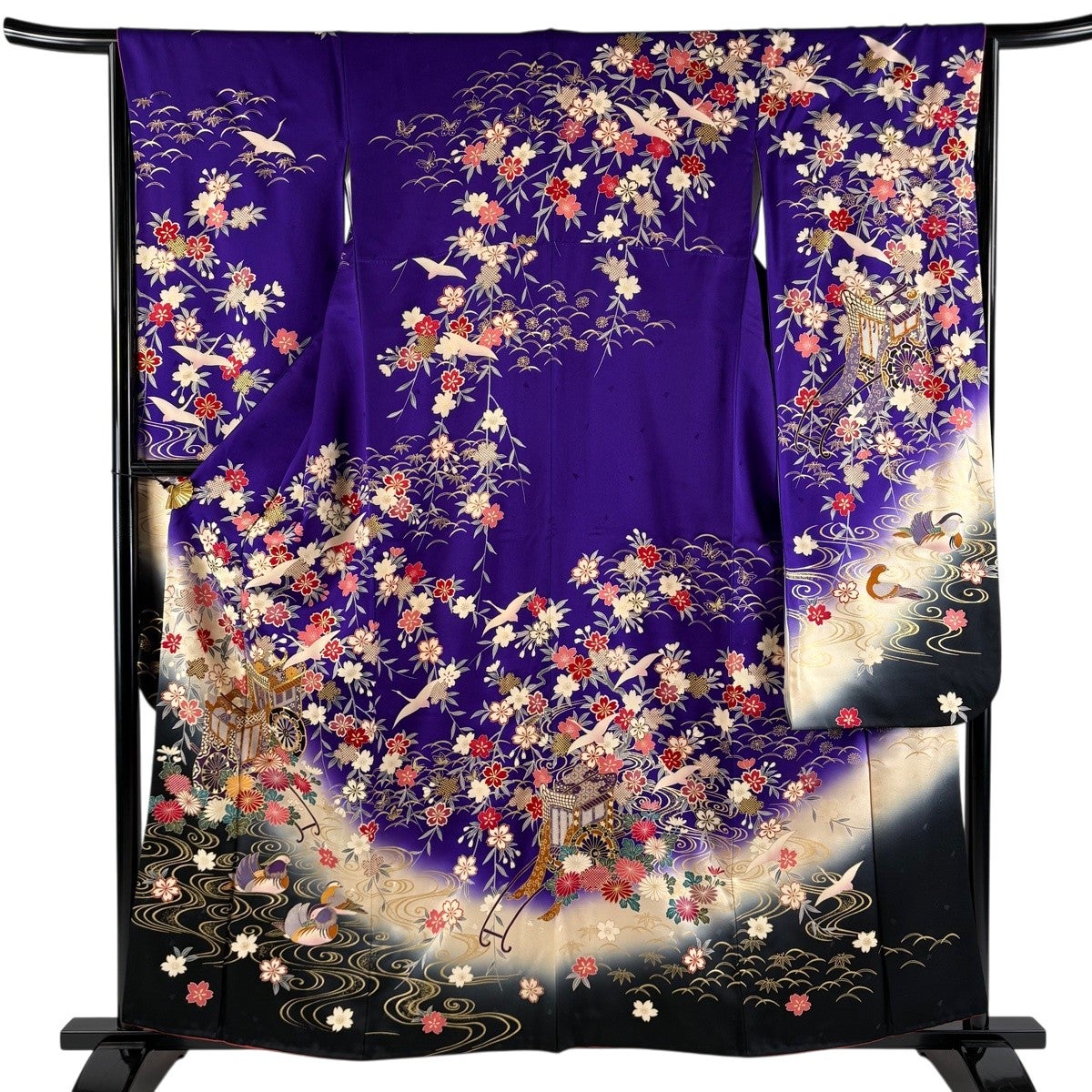 女郎花色 花々柄 振袖 身丈159 振袖 身丈159.5cm 裄丈64.5cm M 袷 御所車 桜 金糸 金彩 紫 正絹 秀品