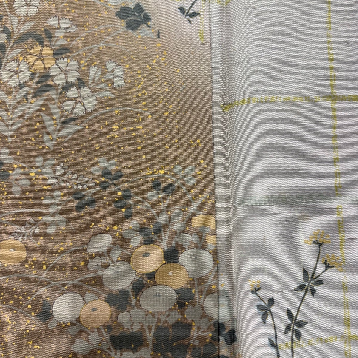 未使用品 早い者勝ち☆ 小紋 染紬 正絹 菊 草花 花々 袷 名古屋帯 未使用 正絹 紬 九寸 型絵染 型染 朱・緋色 えんじ色 臙脂色