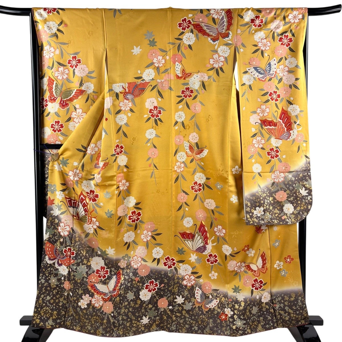 振袖 身丈161.5cm 裄丈65cm M 袷 蝶 枝垂れ桜 金糸 金銀彩 山吹色 正絹