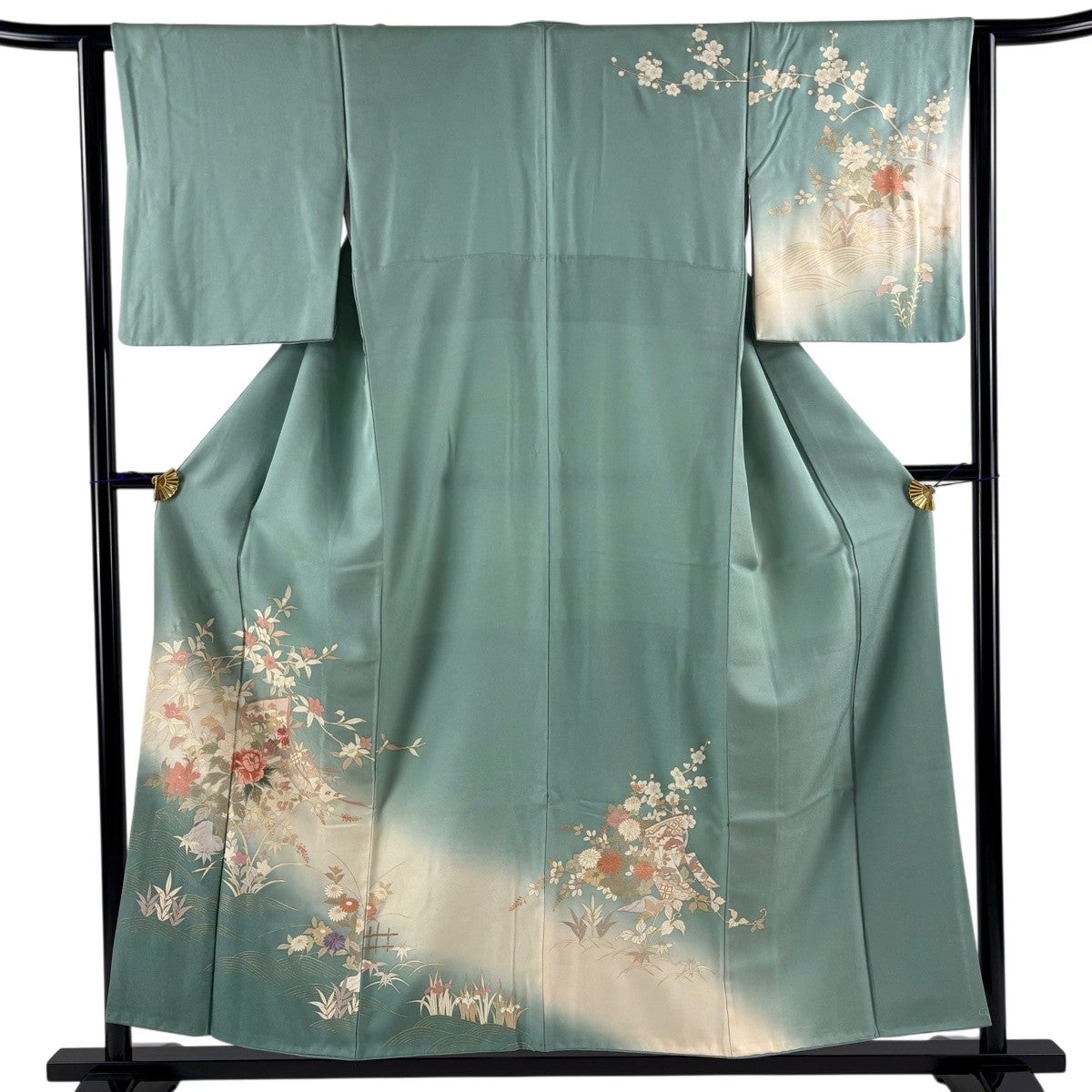 訪問着 身丈154cm 裄丈62.5cm S 袷 几帳 草花 刺繍 金糸 薄緑 正絹 秀