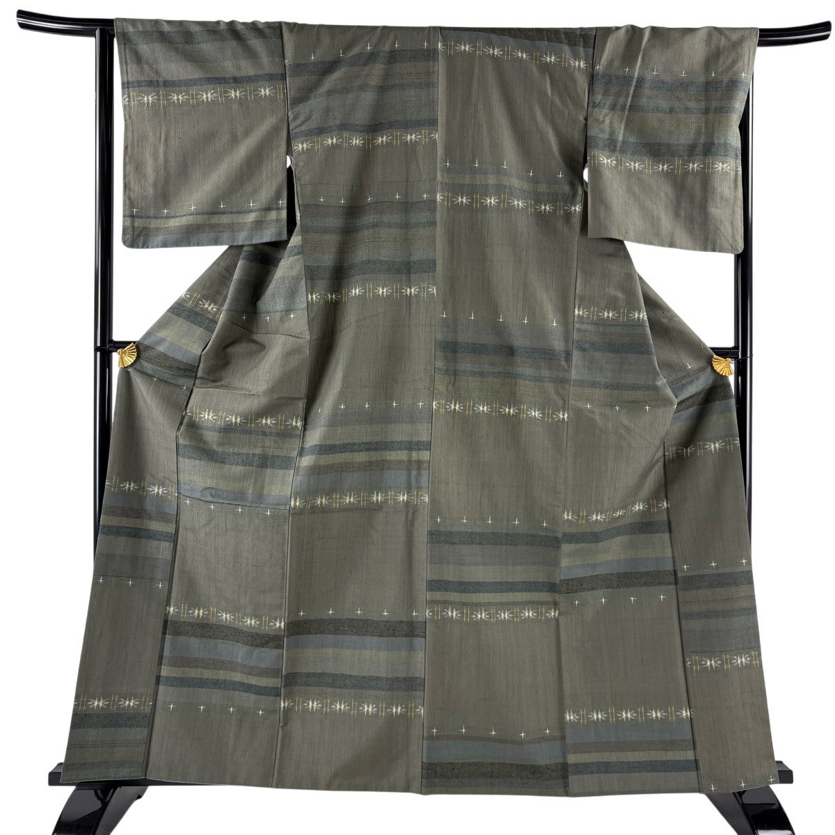 美品】 紬 身丈157cm 裄丈63.5cm S 袷 縦縞 幾何学模様 焦茶色 正絹 秀