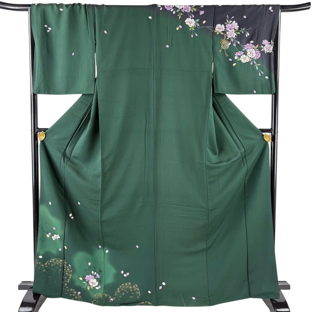 付下げ 身丈168.5cm 裄丈66cm M 袷 草花 花びら 金銀彩 ぼかし 深緑