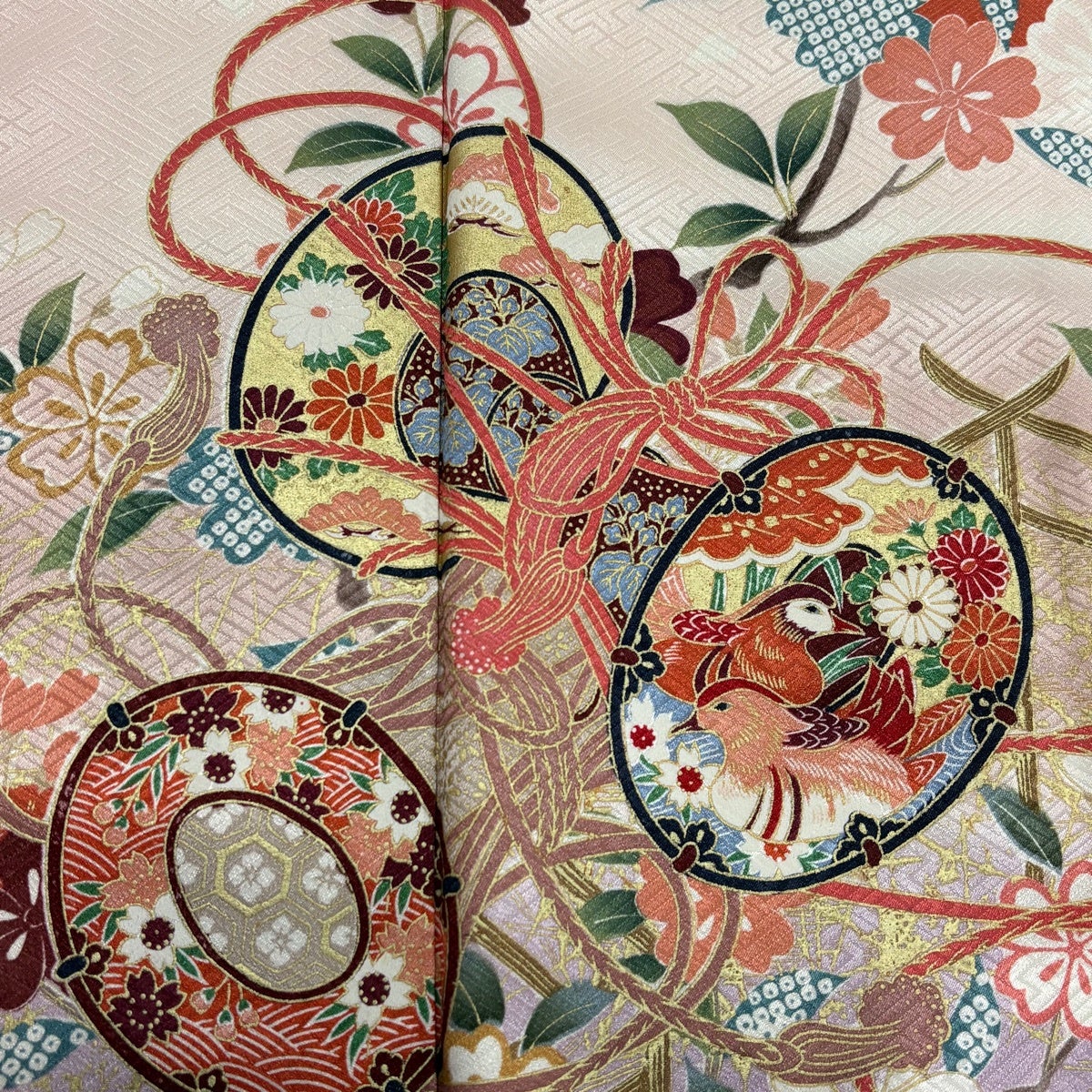 振袖 身丈164.5cm 裄丈66.5cm M 袷 鼓 花鳥 水色 正絹 秀品｜中古