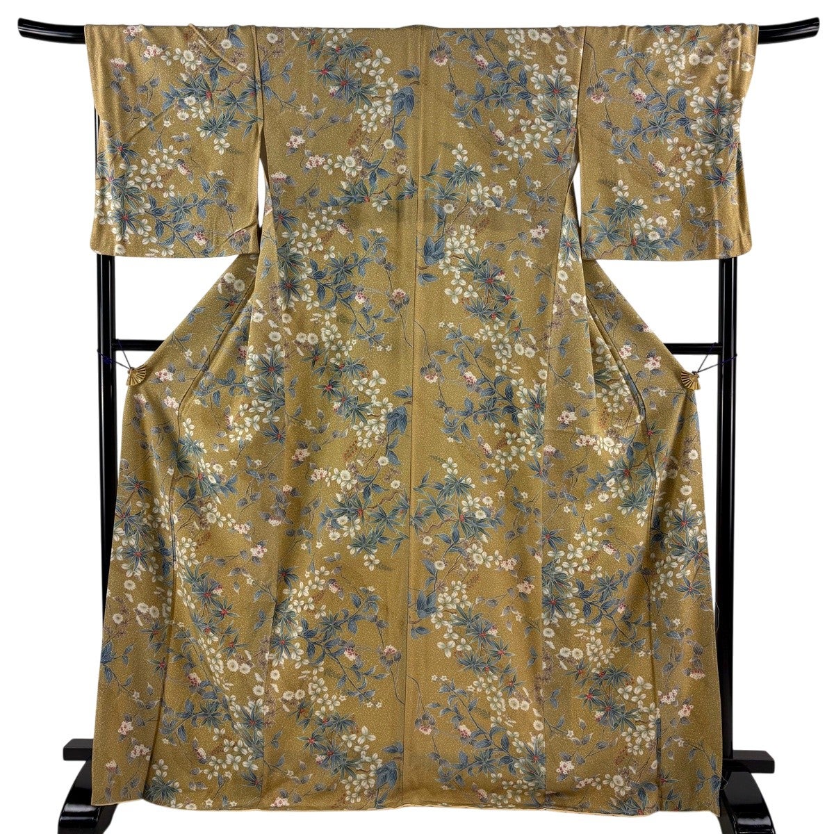 小紋 身丈176cm 裄丈70.5cm L 袷 葉と実 金彩 黒 正絹 秀品|中古 小紋 身丈176cm 裄丈70.5cm L 袷 葉と実 金彩 黒 正絹 秀品|中古