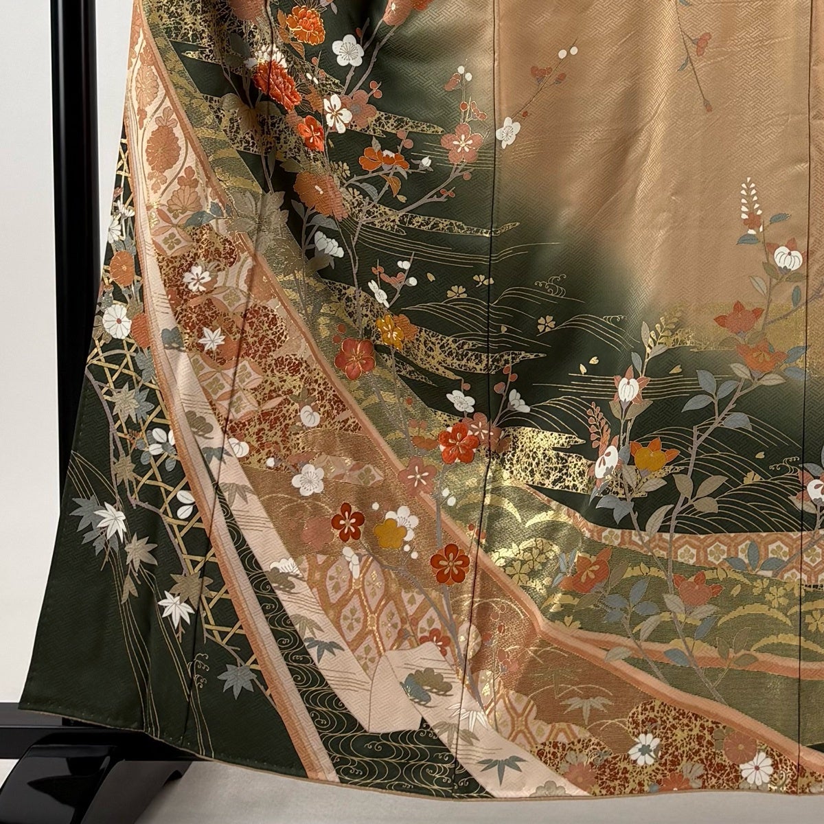 訪問着 身丈160cm 裄丈65cm M 袷 枝花 熨斗 刺繍 金彩 深緑 正絹 秀品
